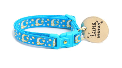 Gold Moons and Stars on Peacock Blue Cat Collar