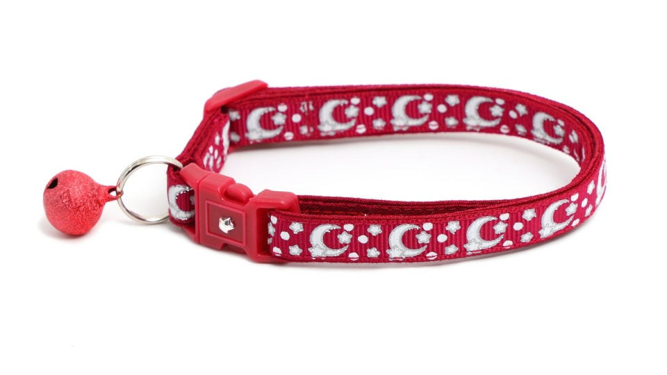 Silver Moons and Stars on Dark Red Cat Collar, view 9
