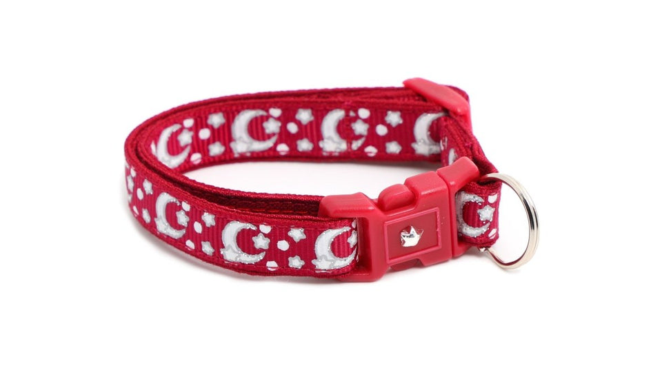 Silver Moons and Stars on Dark Red Cat Collar, view 8