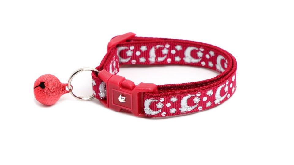 Silver Moons and Stars on Dark Red Cat Collar, view 2