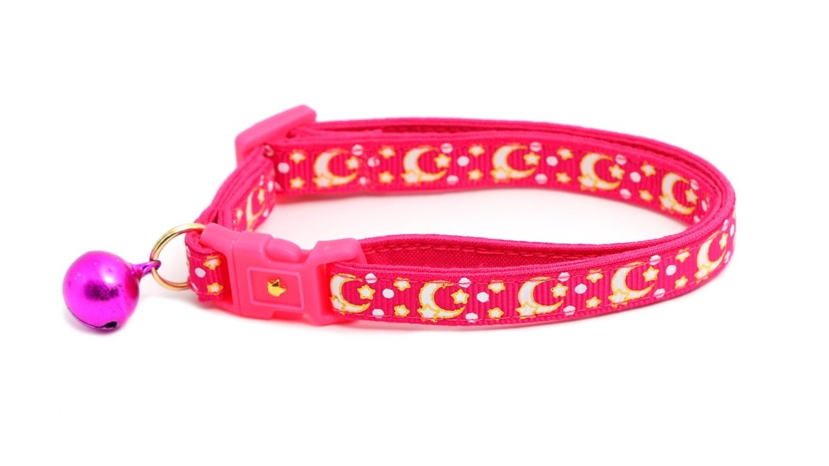 Gold Moons and Stars on Hot Pink Cat Collar - Pets Perfect