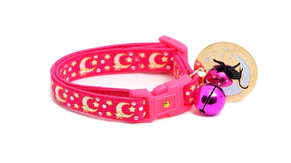 Gold Moons and Stars on Hot Pink Cat Collar - Pets Perfect