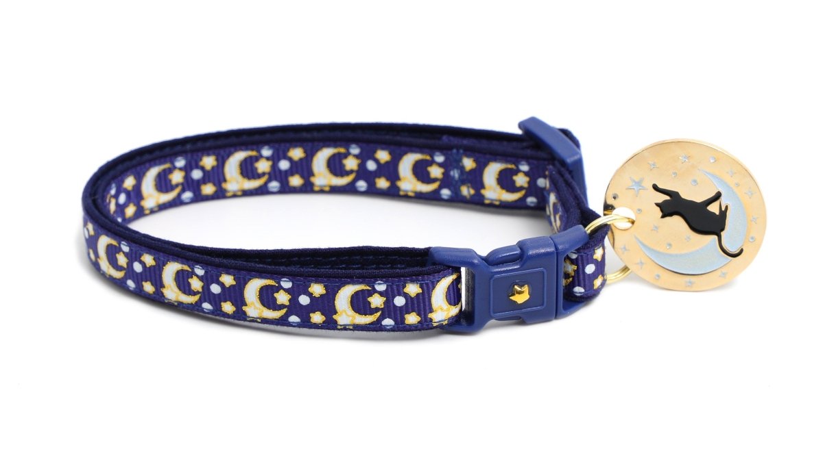 Gold Moons and Stars on Navy Blue Cat Collar - Pets Perfect
