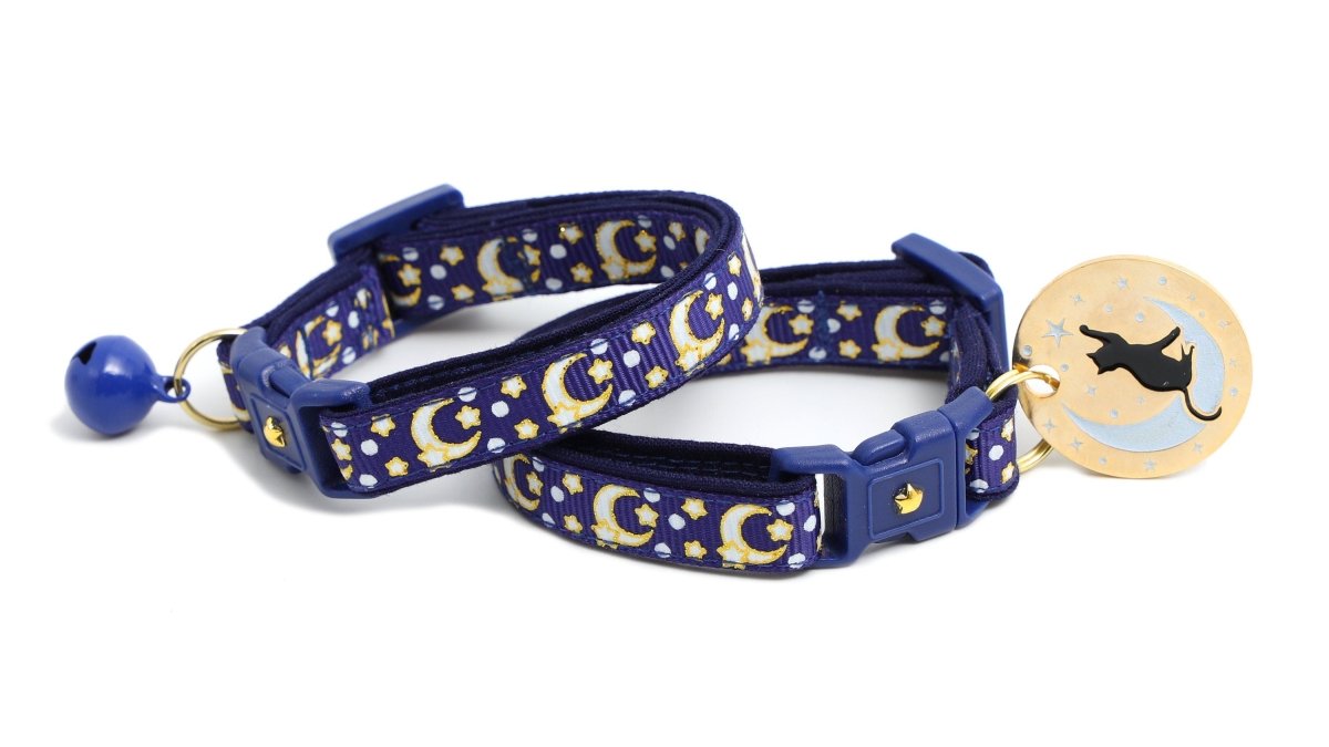 Gold Moons and Stars on Navy Blue Cat Collar - Pets Perfect