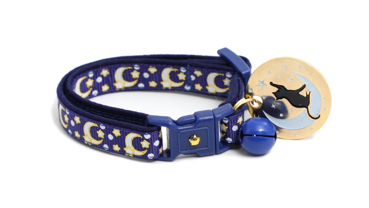 Gold Moons and Stars on Navy Blue Cat Collar - Pets Perfect