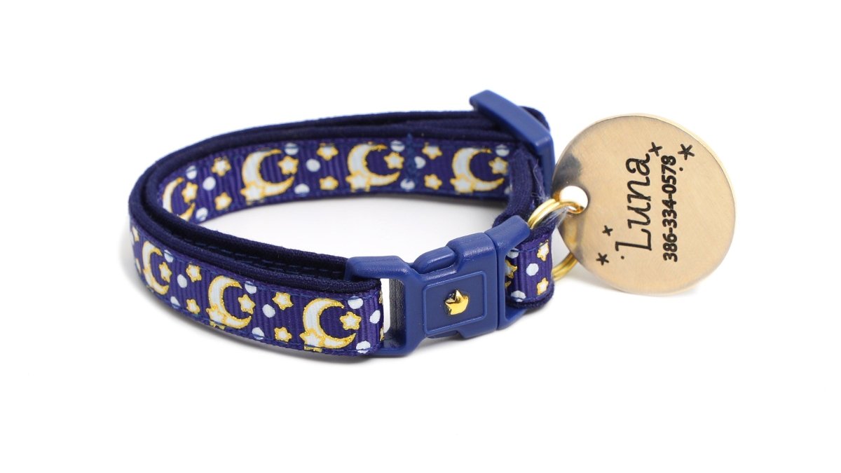 Gold Moons and Stars on Navy Blue Cat Collar - Pets Perfect