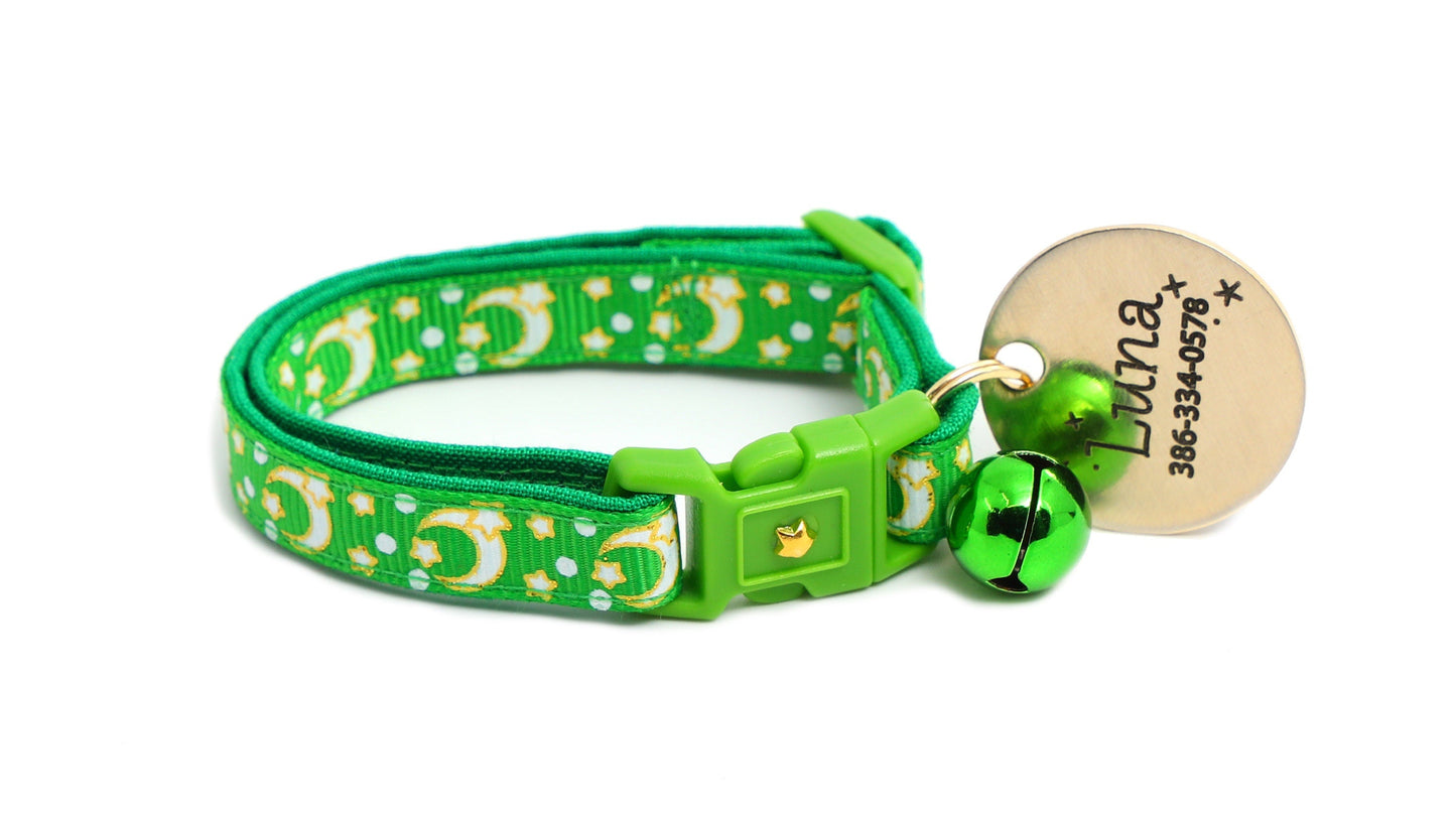 Gold Moons and Stars on Kelly Green Cat Collar