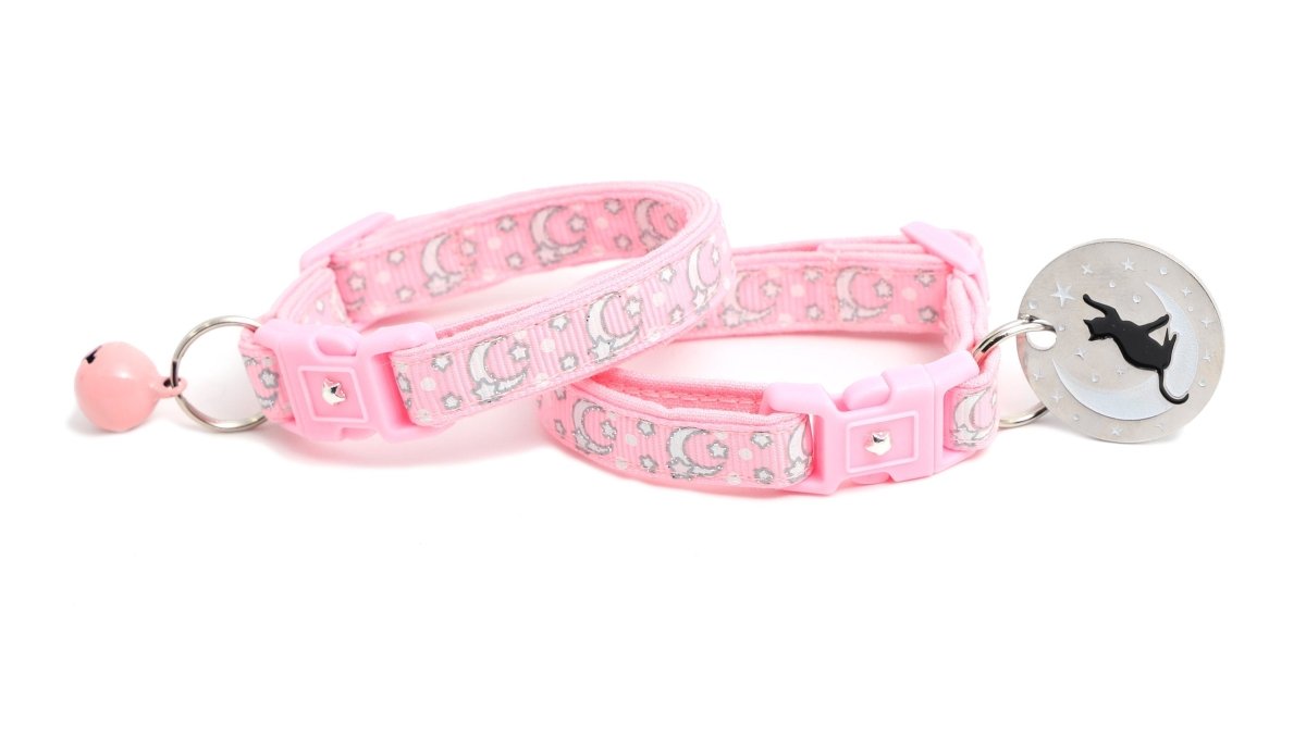 Silver Moons and Stars on Powder Pink Cat Collar - Pets Perfect