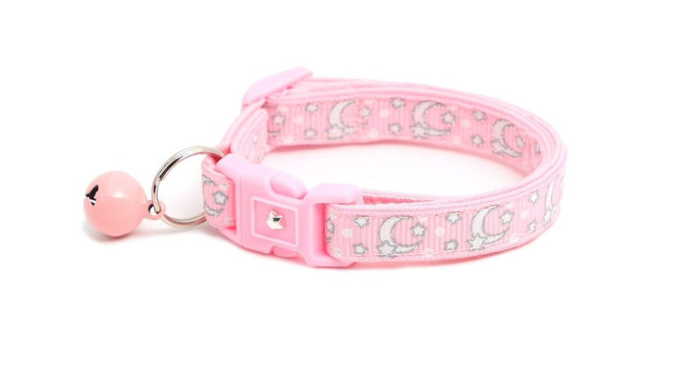 Silver Moons and Stars on Powder Pink Cat Collar