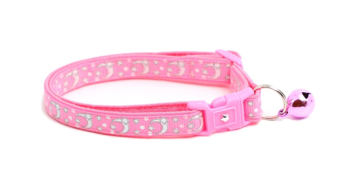 Silver Moons and Stars on Peony Pink Cat Collar - Pets Perfect
