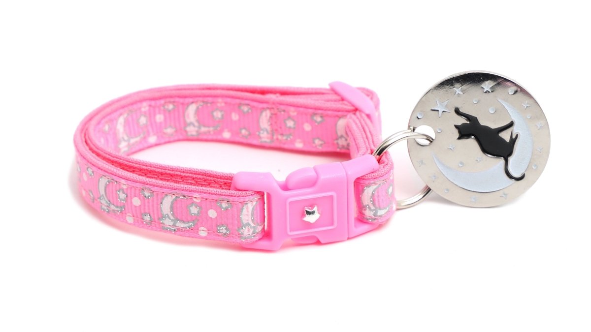 Silver Moons and Stars on Peony Pink Cat Collar - Pets Perfect
