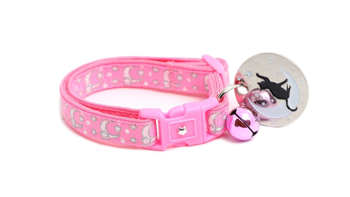 Silver Moons and Stars on Peony Pink Cat Collar - Pets Perfect