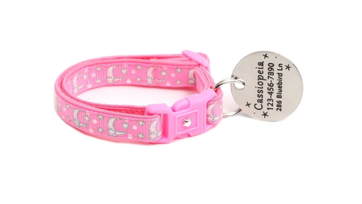Silver Moons and Stars on Peony Pink Cat Collar - Pets Perfect