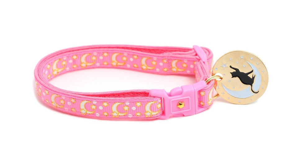 Gold Moons and Stars on Peony Pink Cat Collar, view 9