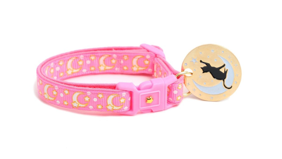 Gold Moons and Stars on Peony Pink Cat Collar, view 7