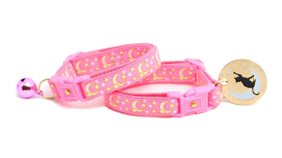 Gold Moons and Stars on Peony Pink Cat Collar, view 4