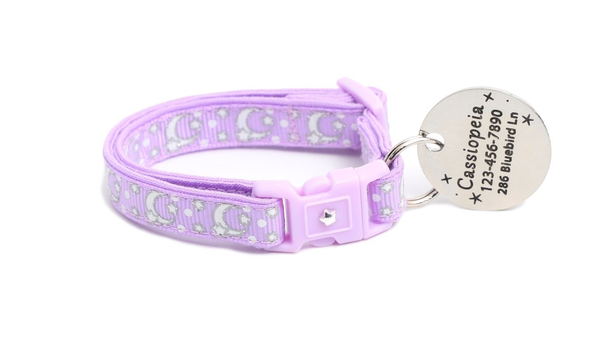 Silver Moons and Stars on Pastel Purple Cat Collar - Pets Perfect