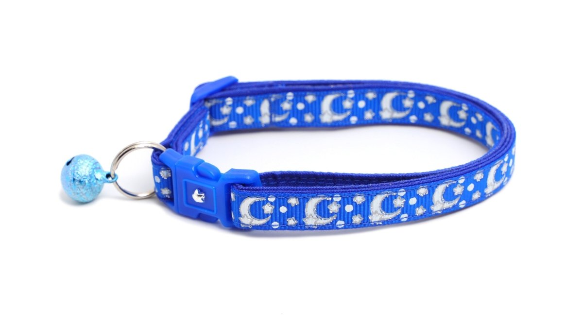 Silver Moons and Stars on Sapphire Blue Cat Collar - Pets Perfect