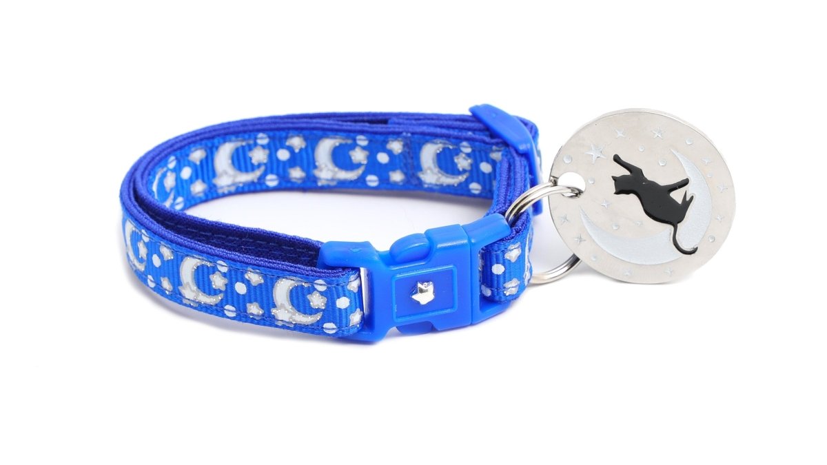 Silver Moons and Stars on Sapphire Blue Cat Collar - Pets Perfect