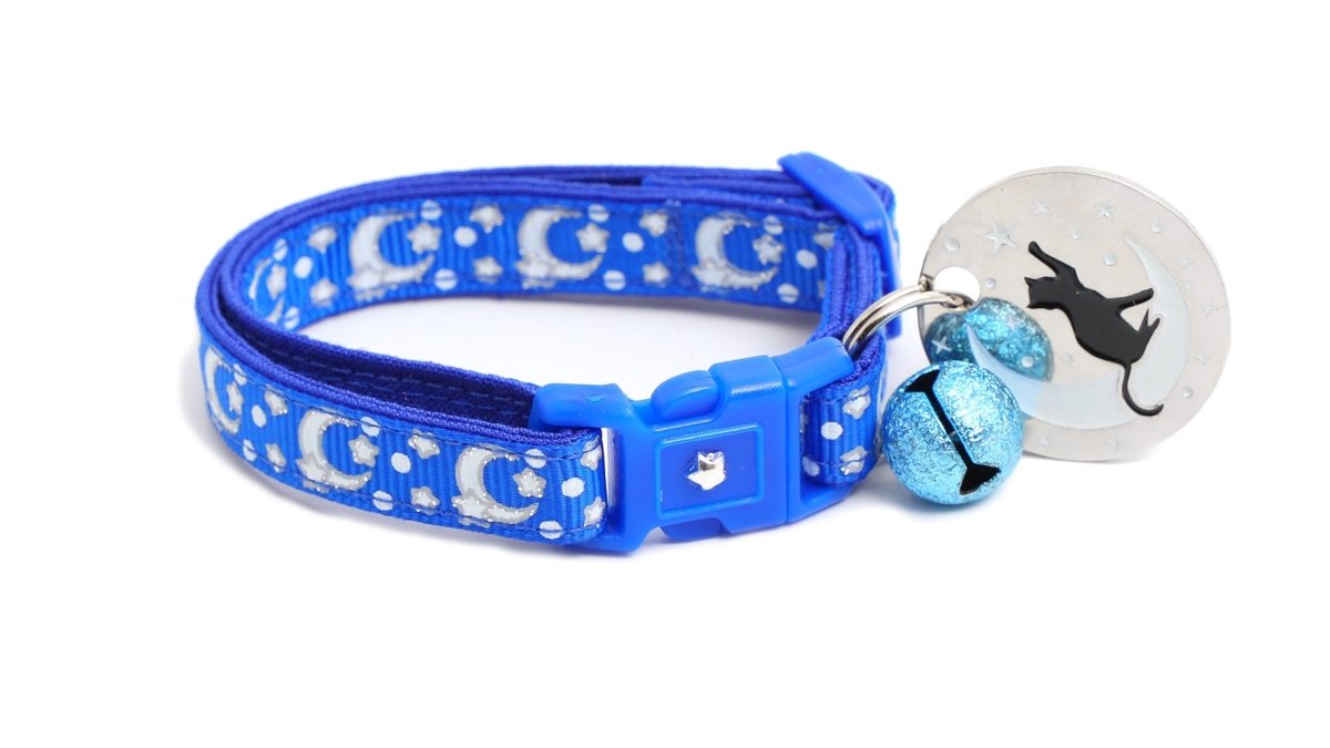 Silver Moons and Stars on Sapphire Blue Cat Collar - Pets Perfect