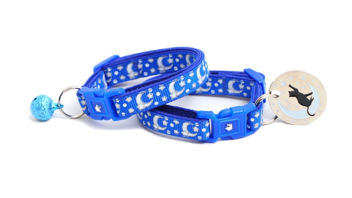 Silver Moons and Stars on Sapphire Blue Cat Collar - Pets Perfect