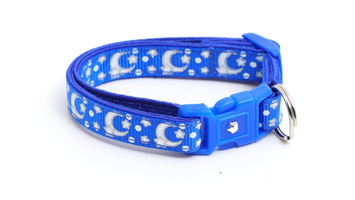 Silver Moons and Stars on Sapphire Blue Cat Collar - Pets Perfect