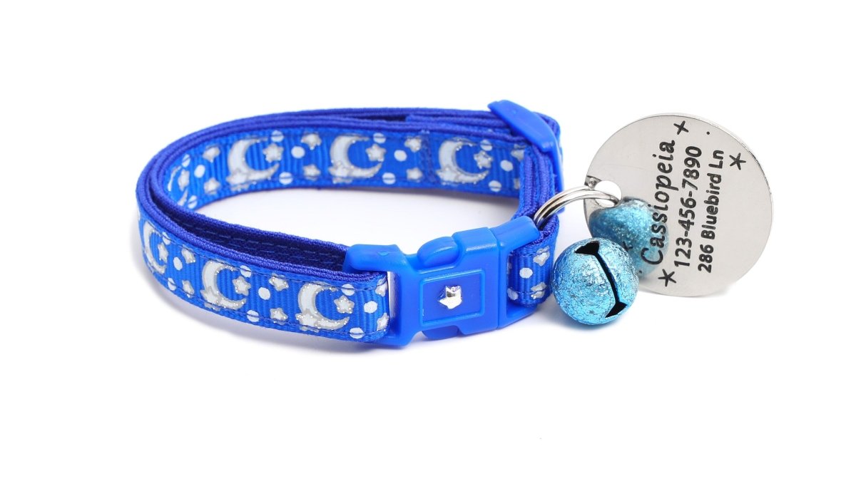 Silver Moons and Stars on Sapphire Blue Cat Collar - Pets Perfect