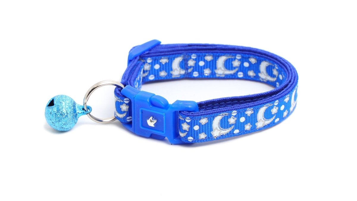 Silver Moons and Stars on Sapphire Blue Cat Collar - Pets Perfect