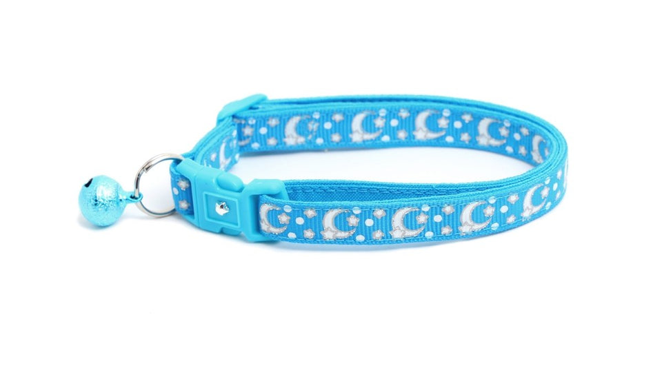 Silver Moons and Stars on Peacock Blue Cat Collar, view 8