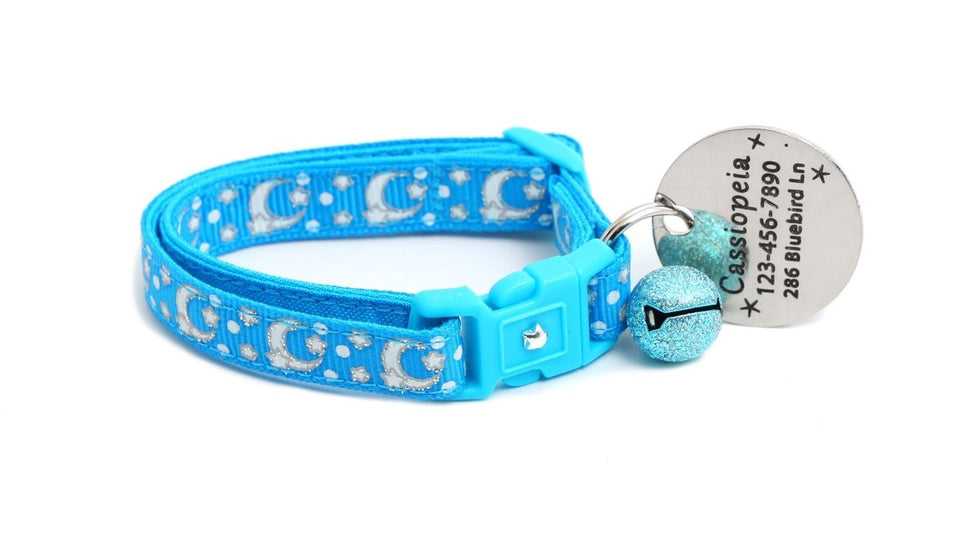 Silver Moons and Stars on Peacock Blue Cat Collar, view 6