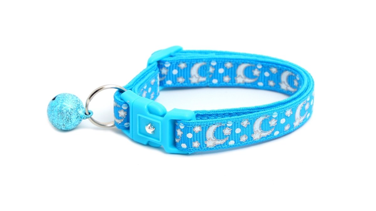Silver Moons and Stars on Peacock Blue Cat Collar - Pets Perfect
