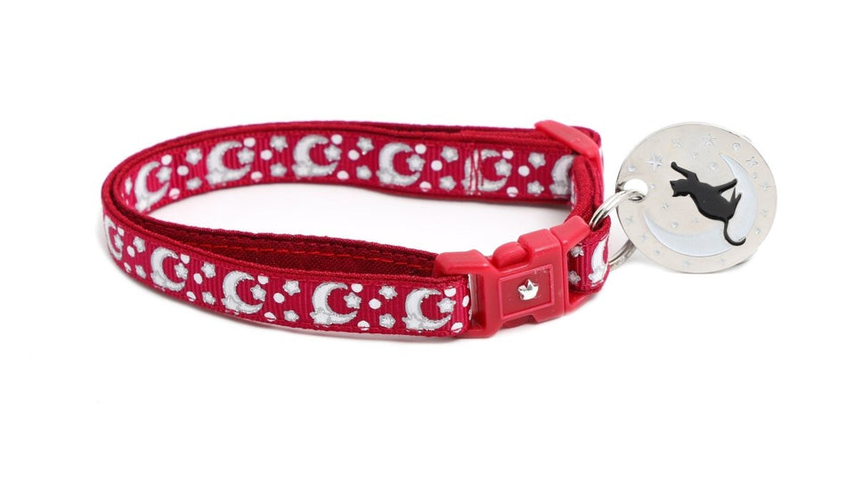 Silver Moons and Stars on Dark Red Cat Collar, view 5