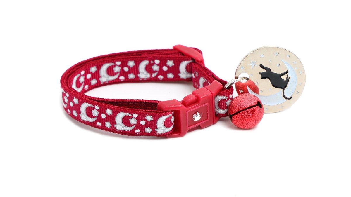 Silver Moons and Stars on Dark Red Cat Collar - Pets Perfect
