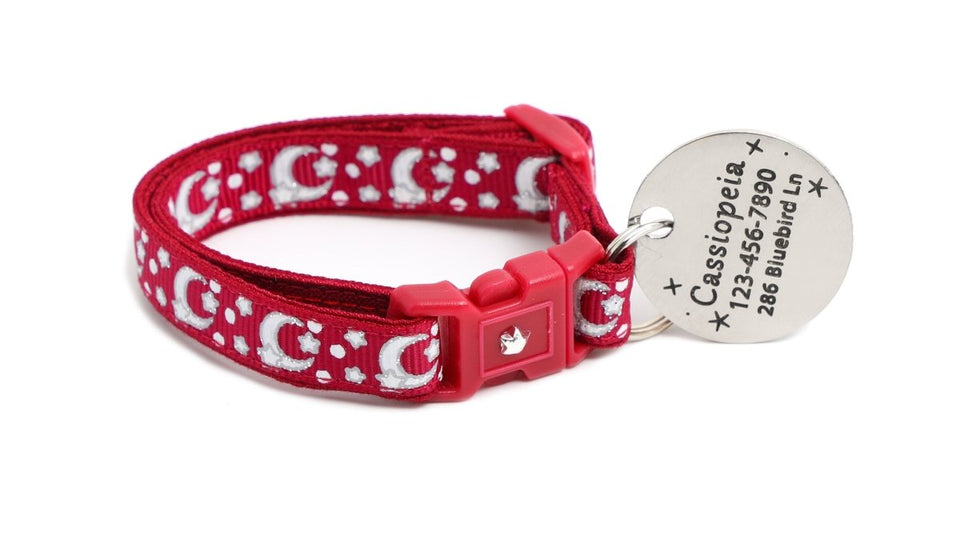 Silver Moons and Stars on Dark Red Cat Collar, view 6