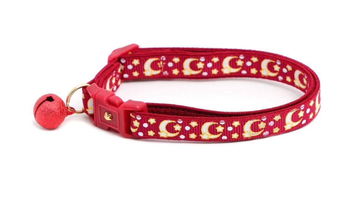 Gold Moons and Stars on Dark Red Cat Collar - Pets Perfect
