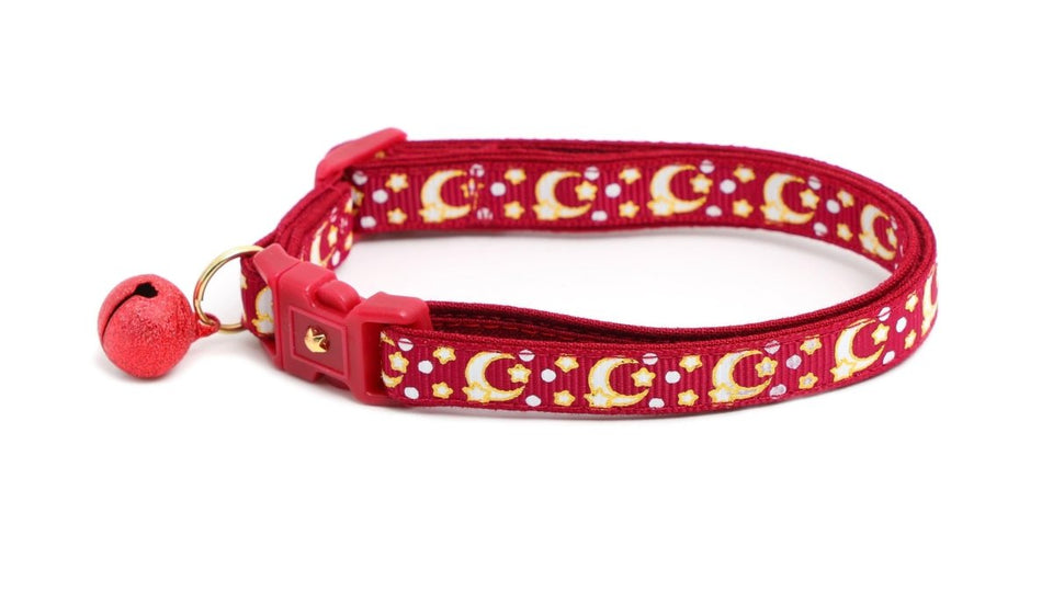 Gold Moons and Stars on Dark Red Cat Collar, view 6