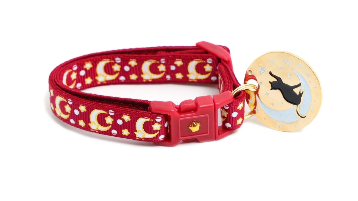 Gold Moons and Stars on Dark Red Cat Collar - Pets Perfect