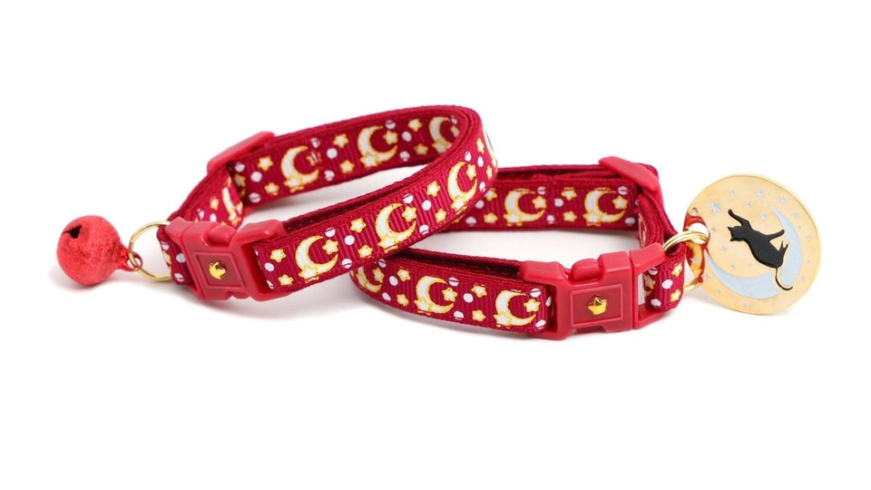 Gold Moons and Stars on Dark Red Cat Collar, view 5