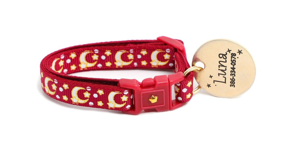 Gold Moons and Stars on Dark Red Cat Collar, view 8
