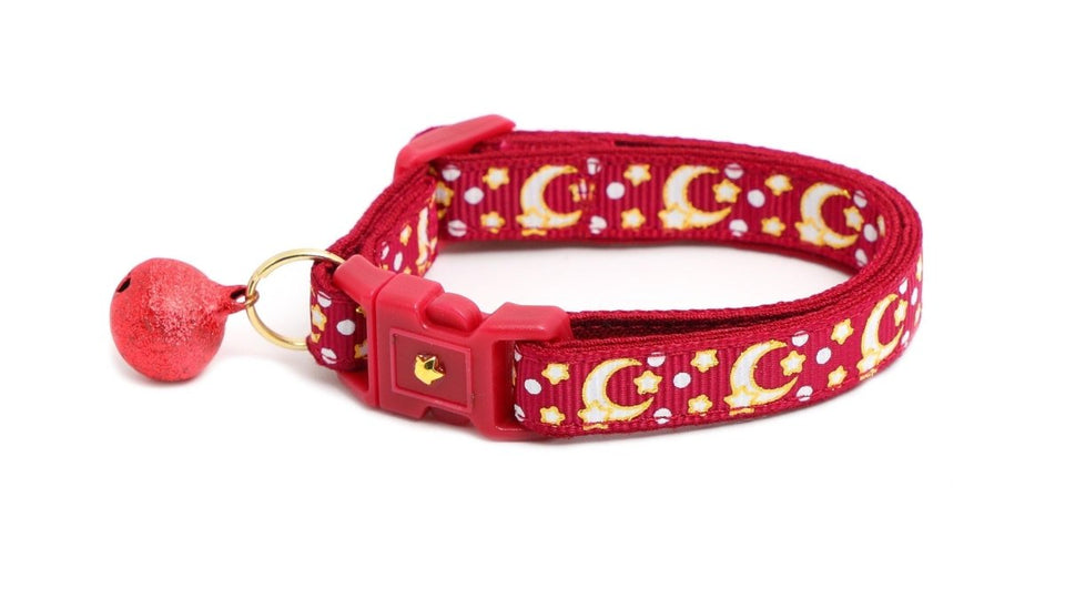 Gold Moons and Stars on Dark Red Cat Collar, view 4