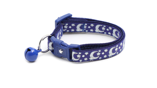 Pugs2Persians Glow-in-the-Dark Cat Collar - Silver Moons & Stars on Navy Blue with Breakaway Safety Buckle