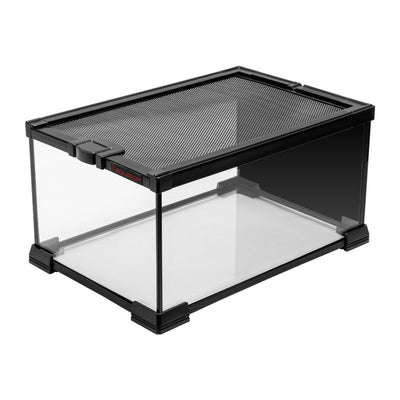 Low rectangular glass terrarium with black frame and mesh screen lid