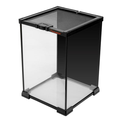 Tall square glass terrarium enclosure with black trim and mesh top