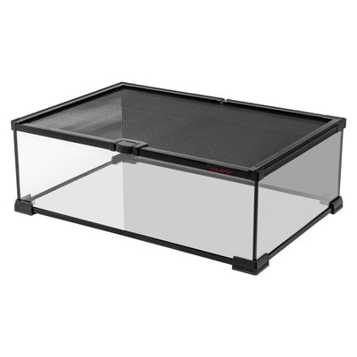 Wide low glass terrarium with black frame and ventilated mesh lid
