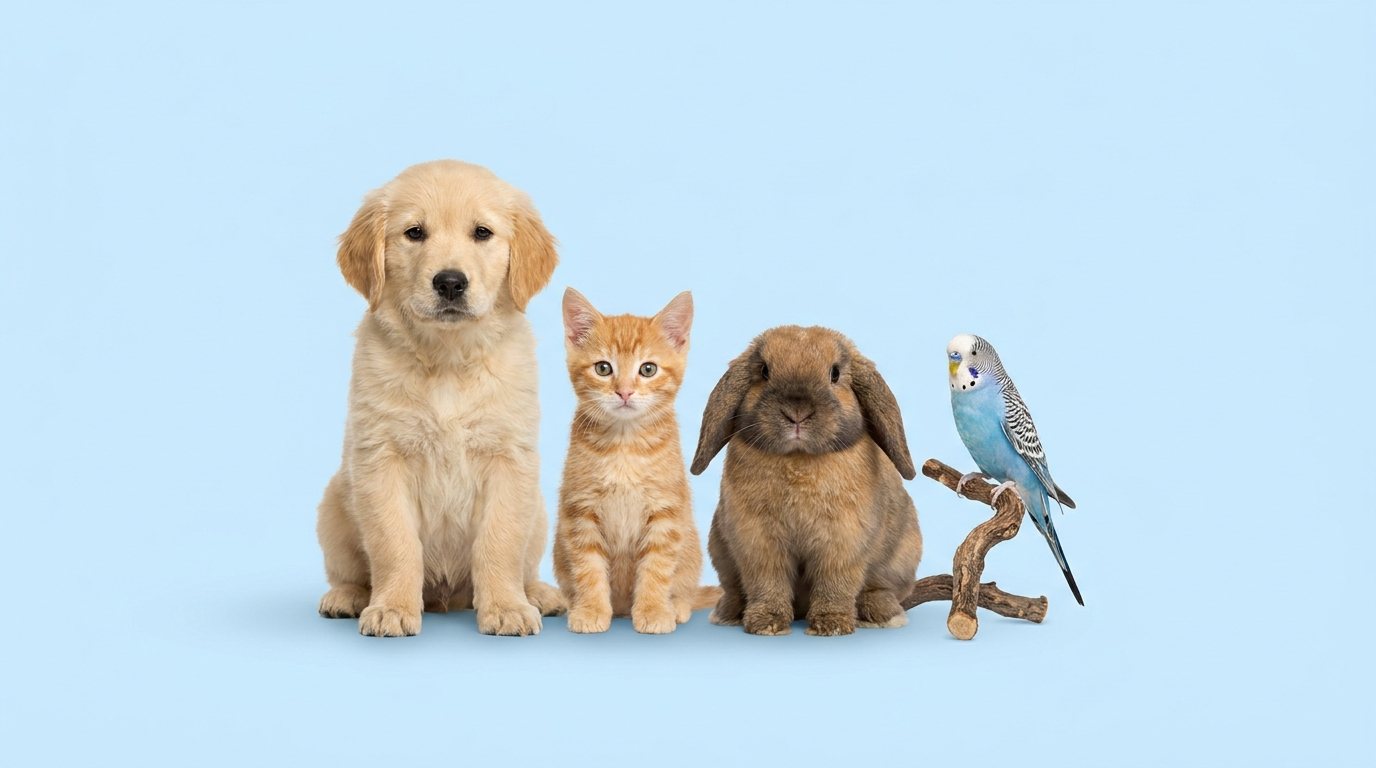 Golden retriever puppy, tabby kitten, lop rabbit, and budgerigar together